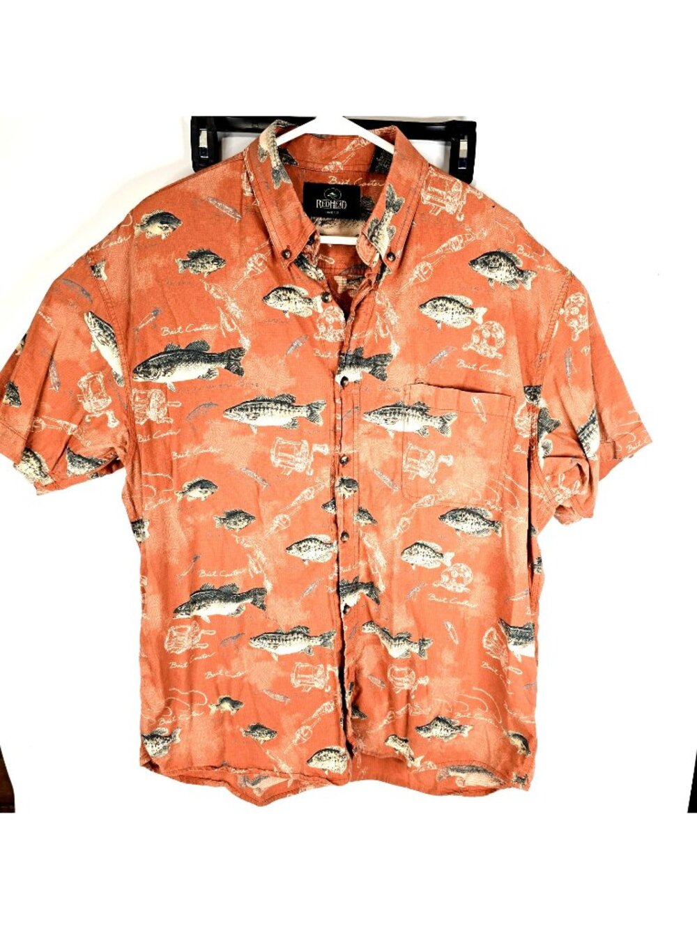 Red Head Freshwater Fishing Bait Caster Orange Short Sleeve Button Down Men's L